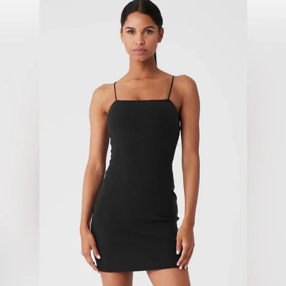 ALO Black Goddess Ribbed Spaghetti Strap Bodycon Mini Dress XS - Picture 1 of 5